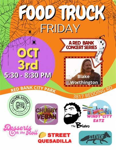 Food Truck Friday Flyer. Food Truck Friday is just a few days away!!  Join us at Red Bank City Park on Thursday, October 3rd from 5:30–8:30 PM for an evening of great food and live music with Blake Worthington. ✨ Enjoy bites from: -Culture-Licious -Chubby Vegan -The Bistro -Windy City Eatz -Desserts on the Roll -Street Quesadilla -Clever Alehouse