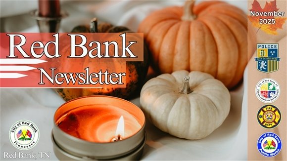 Red Bank Newsletter Banner Displaying City of Red Bank Department Seals and a Fall background.